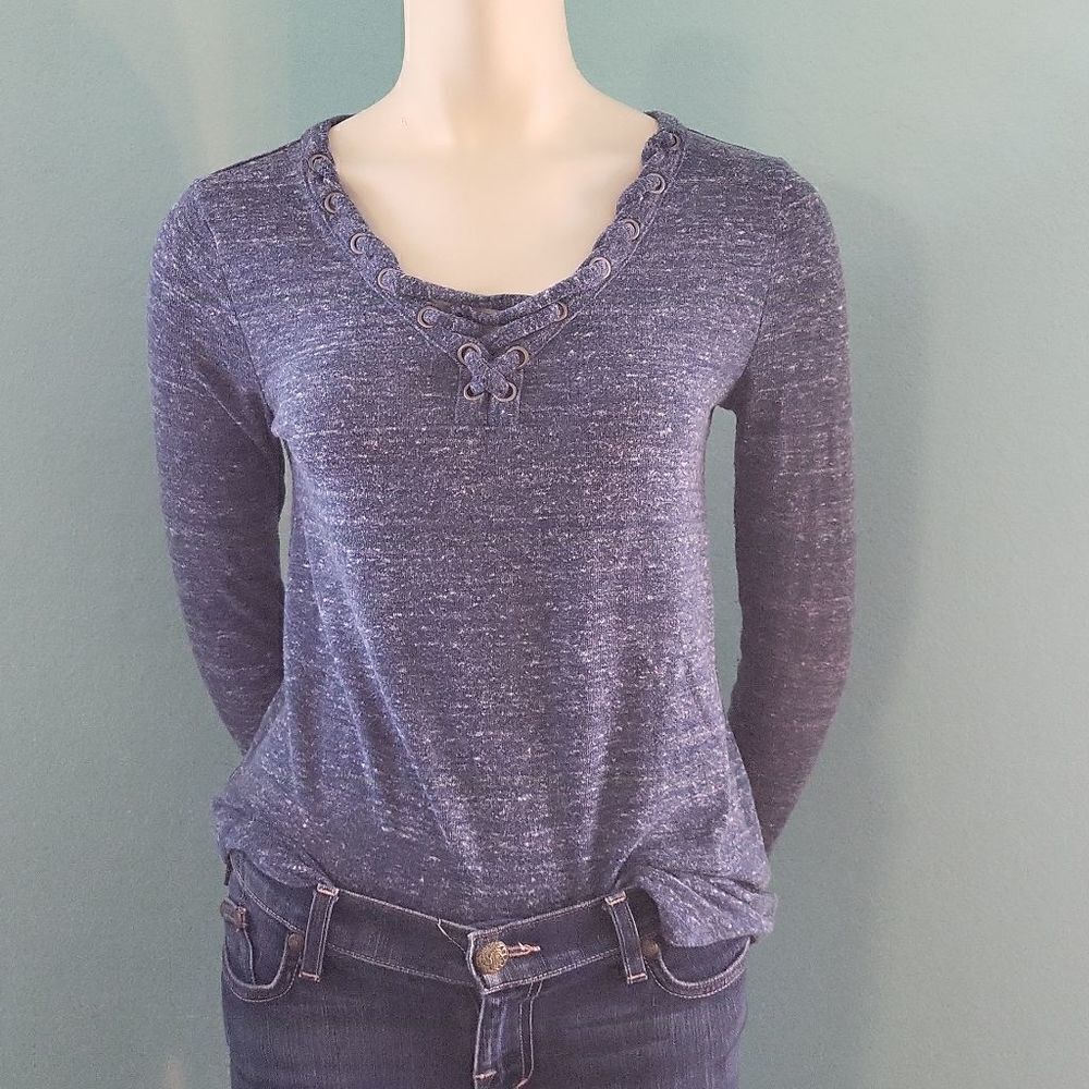 Rock & Republic blue marled long sleeve top with grommet and tie detail